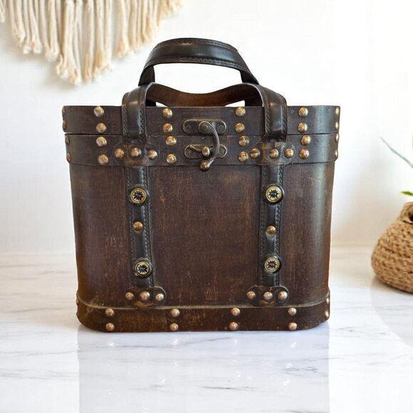 Vintage Wooden Leather Box Case Bag Dark Wood With Handles - Picture 1 of 9